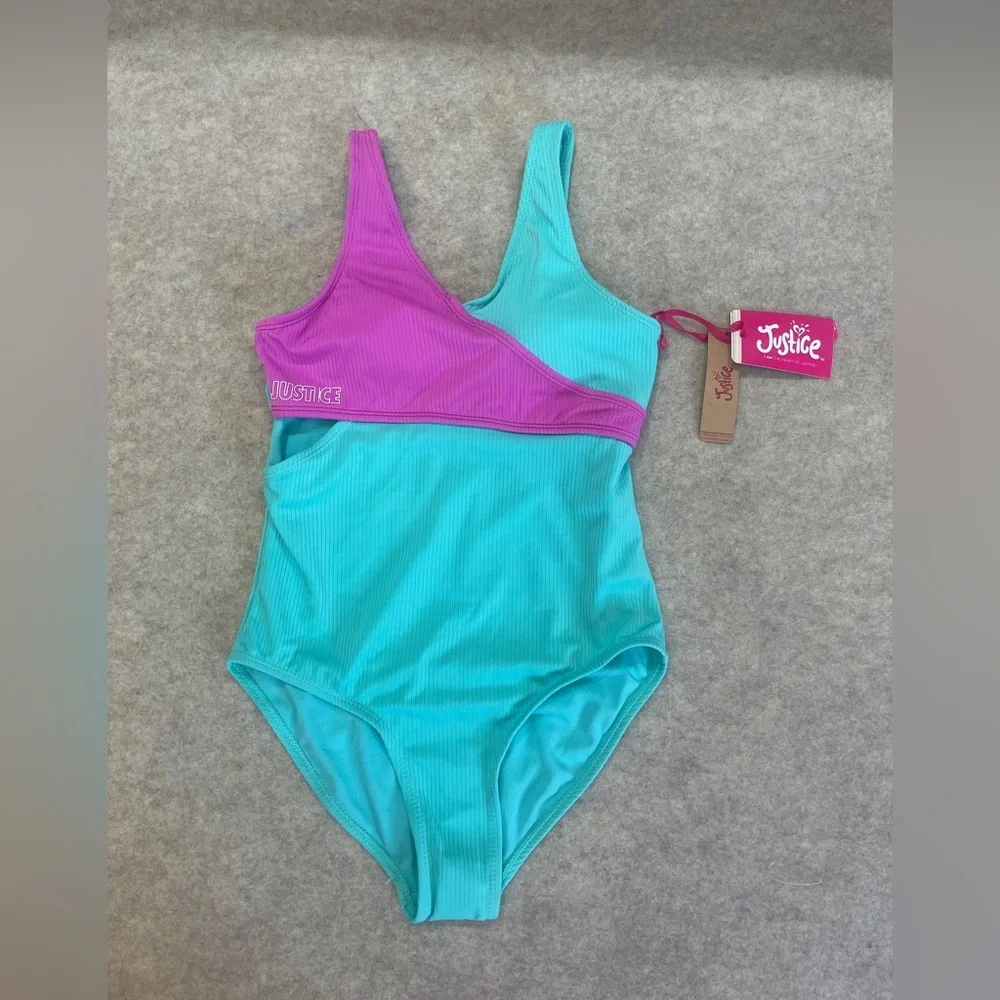 Justice Teal Purple Ribbed Cutout One Piece Swimsuit Girl’s size L(12-14) New